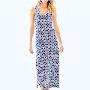 Lilly Pulitzer 100% Pima Cotton Blue Floral Waves Print along Maxi Dress Medium